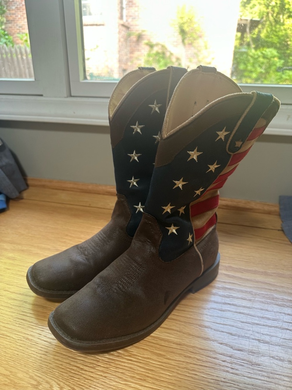 Roper Taupe Leather Cowboy Boots Interior - Neutral Tan Lining big kids size 7